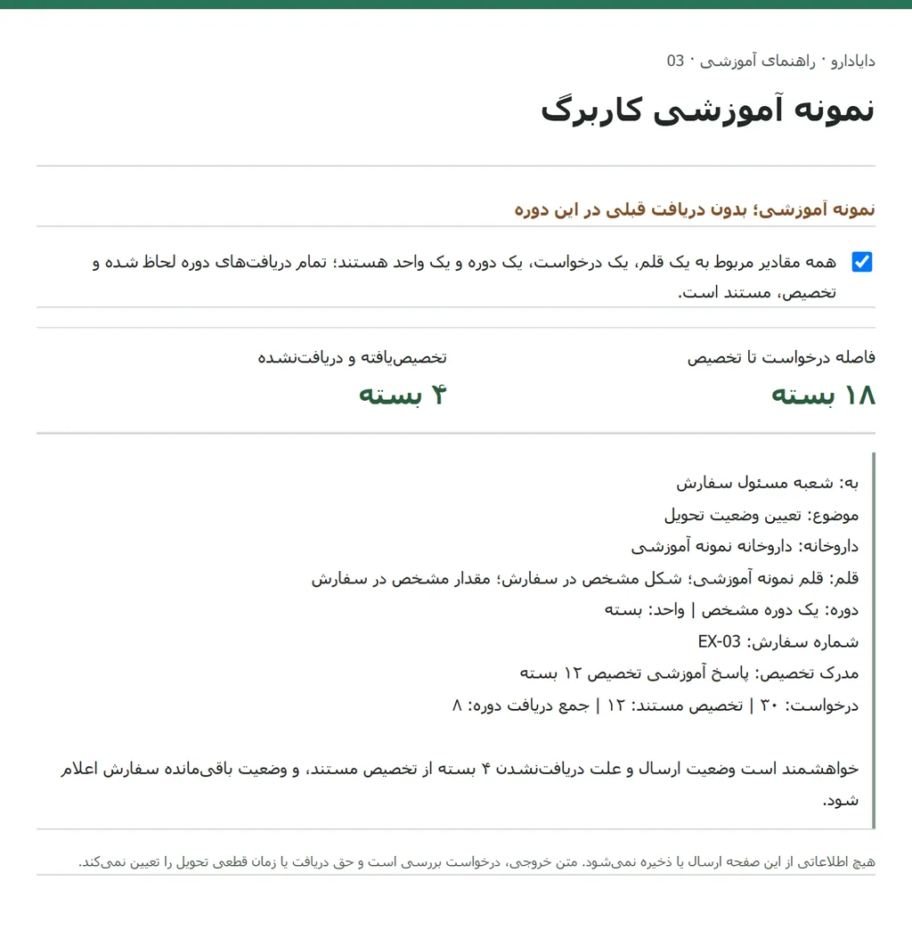 نمای فرم پیگیری با درخواست ۳۰، تخصیص ۱۲، دریافت ۸ و درخواست تعیین وضعیت ۴ بسته