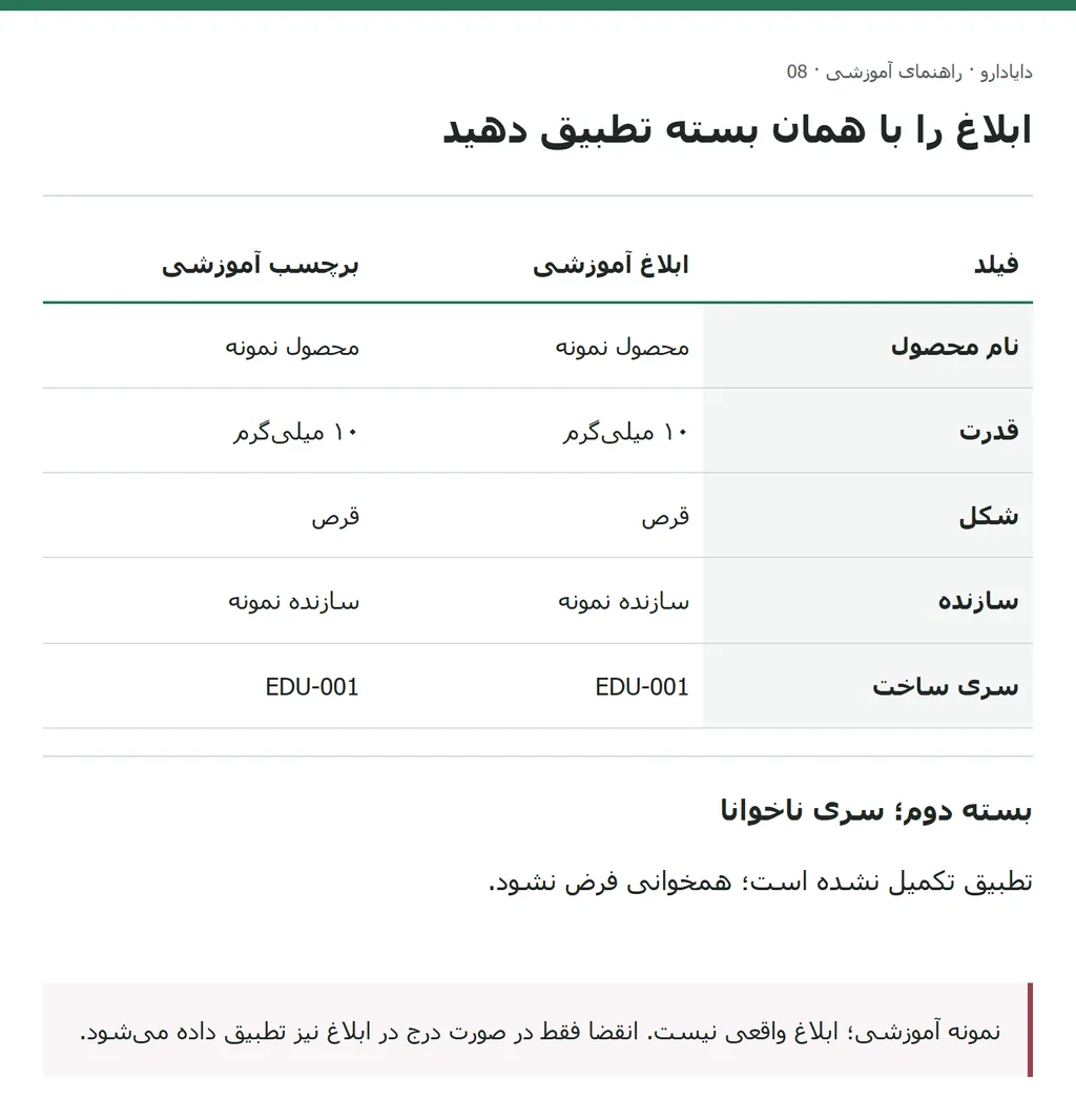 پنج فیلد تطبیق ابلاغ و بسته با سری آموزشیEDU-001 و مورد ناخوانا